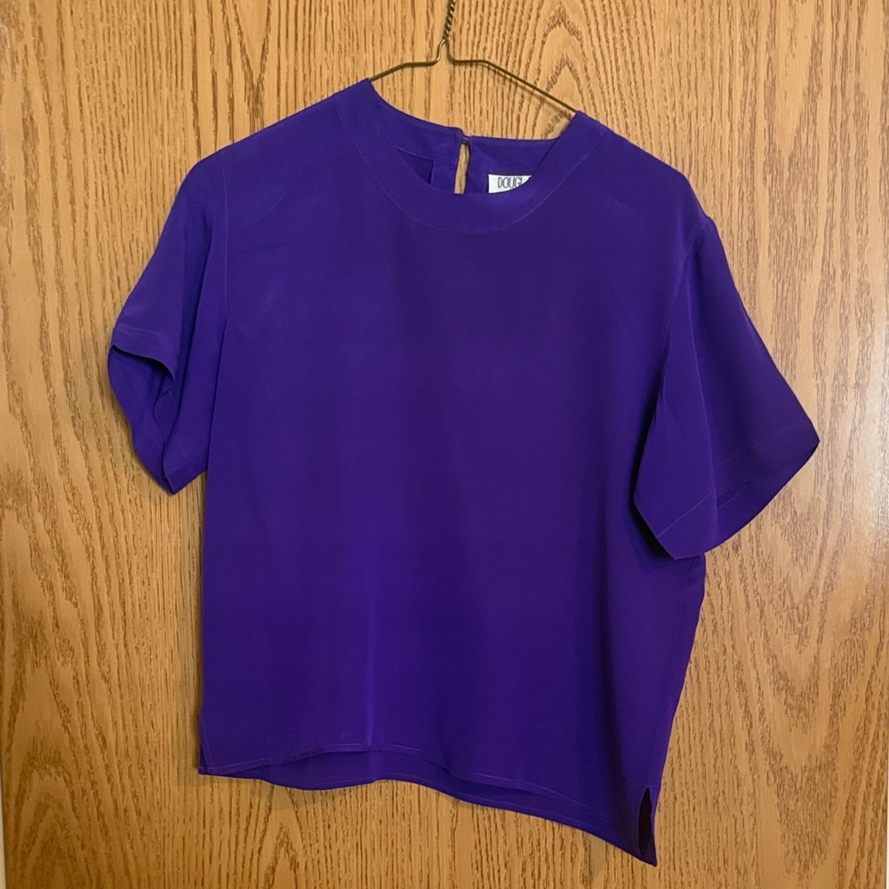 Vintage 80s 90s Douglass Petites Short Sleeve Silk Purple Pullover Blouse Shirt
